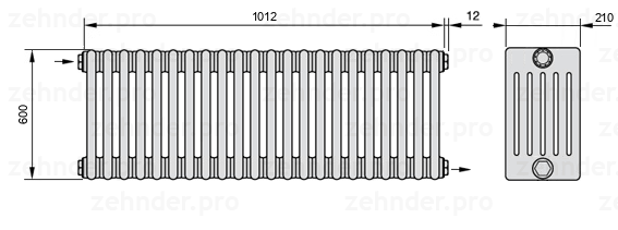 Схема (чертеж) Радиатор Zehnder Charleston 6060/22 №1670 Белый глянцевый RAL 9016